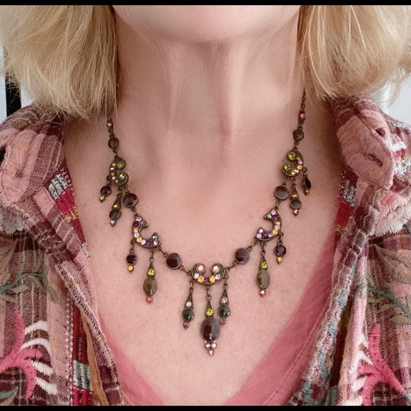 Jewelry - Vintage Red Swarovski Crystals & Enamel Art Deco Style Necklace w Dangles